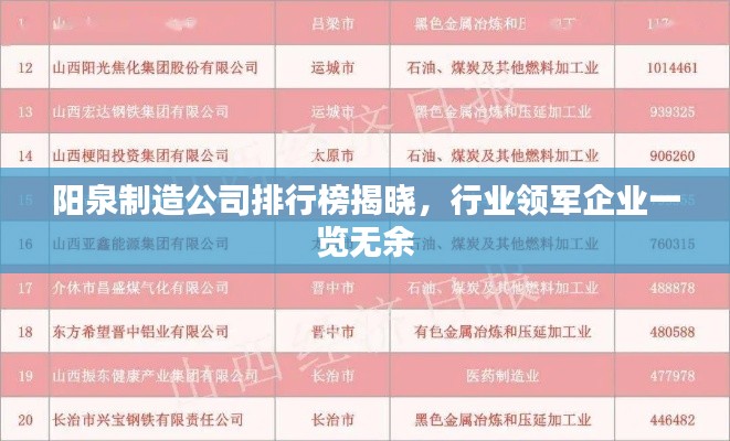 阳泉制造公司排行榜揭晓，行业领军企业一览无余